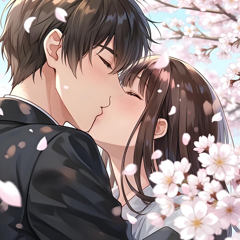 Cặp đôi anime hôn nhau giữa rừng hoa đào lung linh.