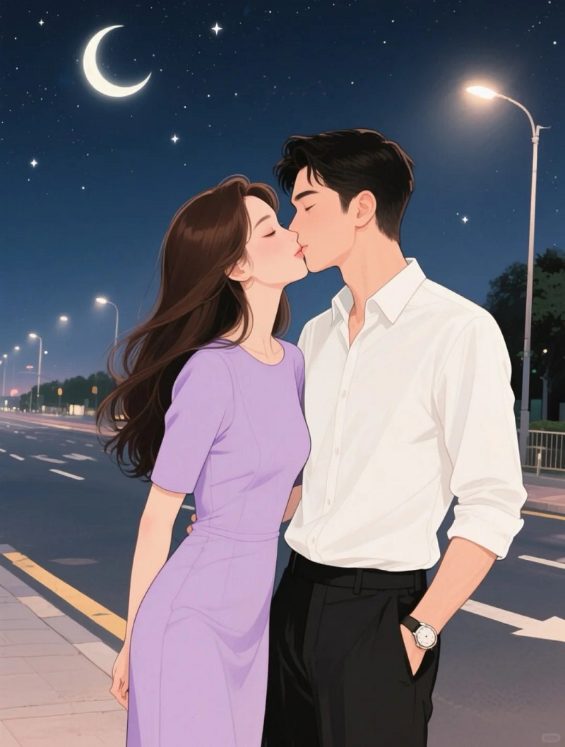 Cặp đôi khiêu vũ và trao nhau nụ hôn dưới ánh đèn.