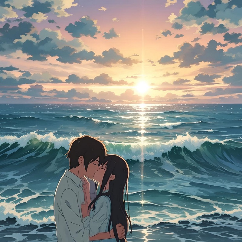 Nụ hôn lãng mạn bên bãi biển lúc hoàng hôn.