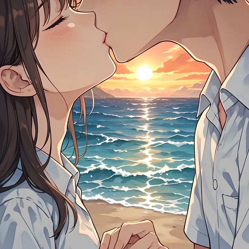 Cặp đôi đứng trước biển trong khoảnh khắc sắp hôn