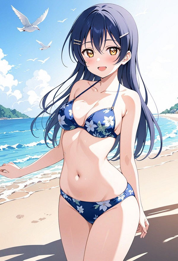 Cô gái tóc tím đứng ở bãi biển với bộ bikini xanh.
