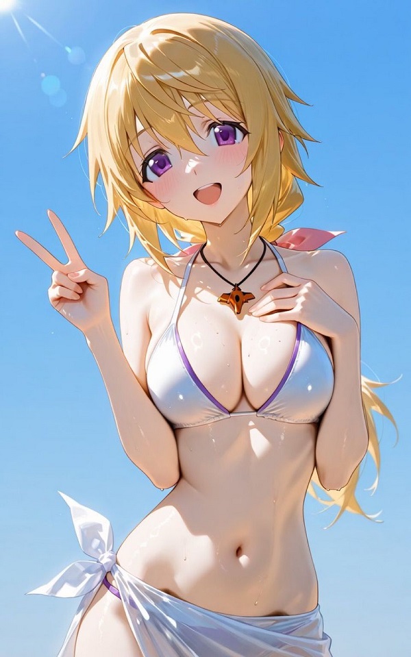 Gái anime mặc bikini tóc vàng đứng trên bãi biển với bikini hồng pastel.