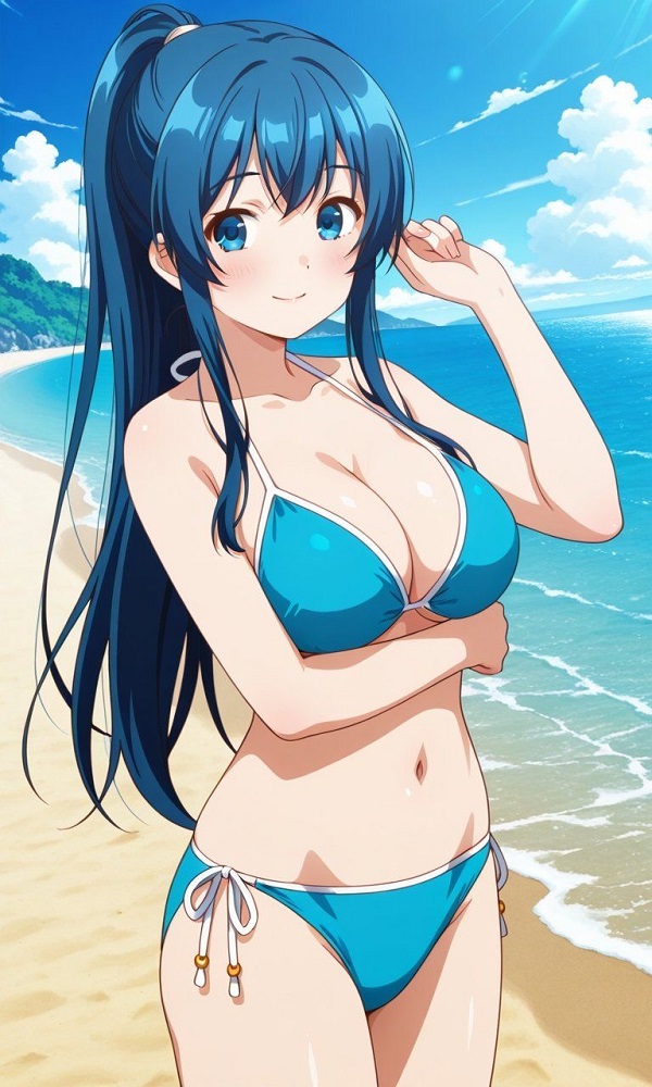 Cô gái tóc xanh đậm mặc bikini xanh dương, tạo dáng mạnh mẽ.