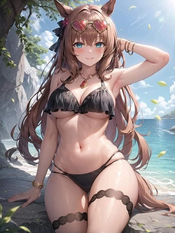 Cô gái tóc bạc đứng cạnh vách đá, mặc bikini đen.