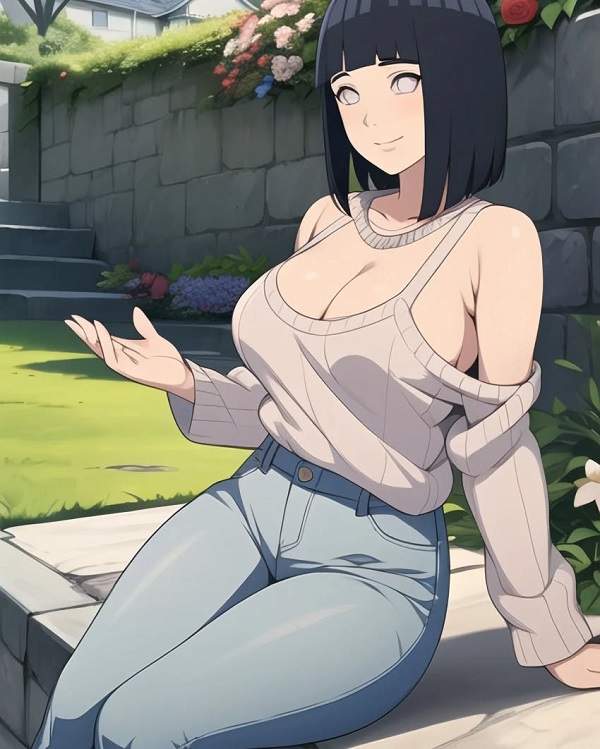 Hinata trong trang phục nhẹ nhàng, tạo dáng bên cửa sổ.