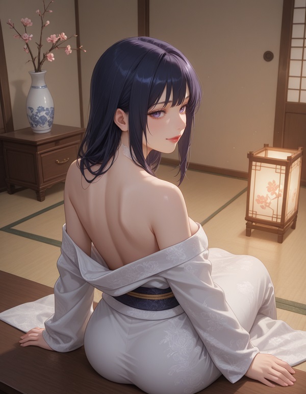 Hinata tạo dáng với ánh sáng ấm trong phòng ngủ.