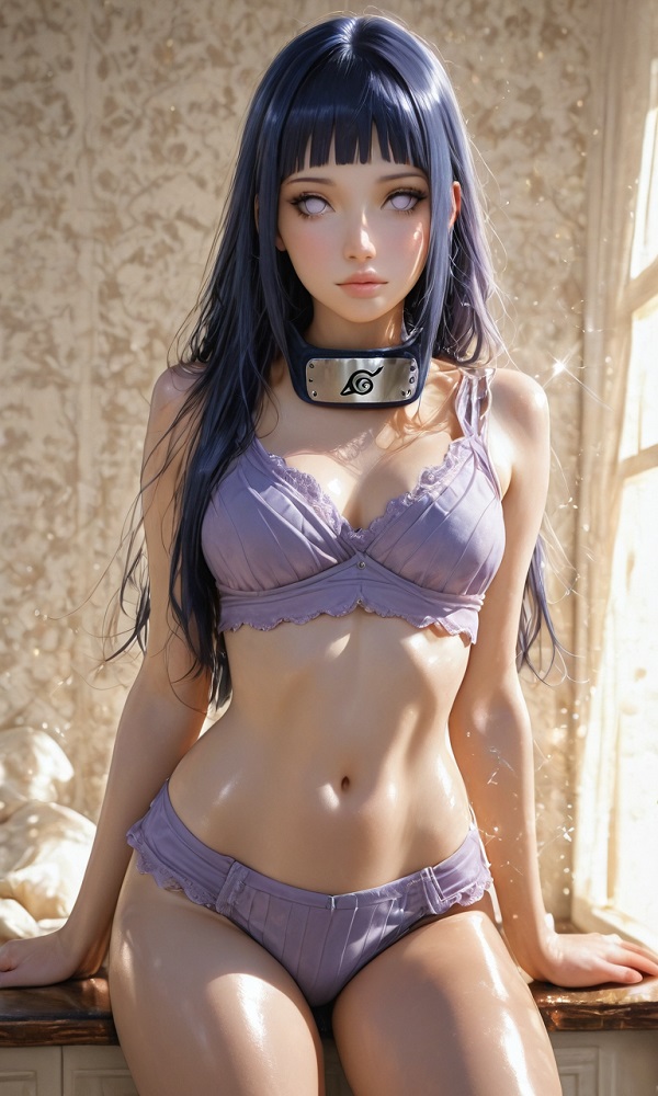  Hình ảnh Hinata ngồi bên giường với ánh sáng dịu.