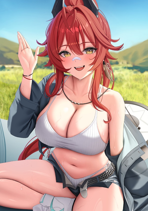 Waifu trong bộ bikini họa tiết hoa nhiệt đới, tạo dáng tươi mát.