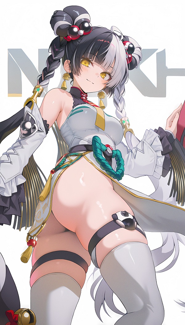 Waifu đứng trên bãi cát, gió thổi tung váy, khoe đôi chân dài.