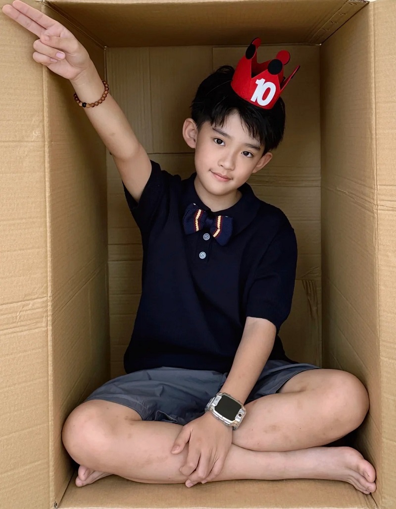 Bé trai 10 tuổi tạo dáng dễ thương trong hộp gỗ