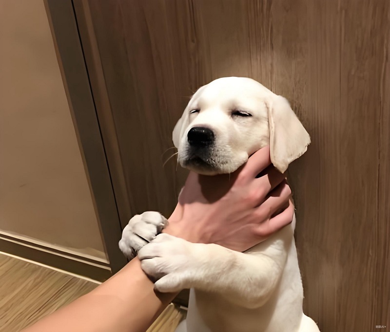 Chó con bị bế lên kiểu bóp cổ yêu thương, mặt ngơ ngác đáng thương.