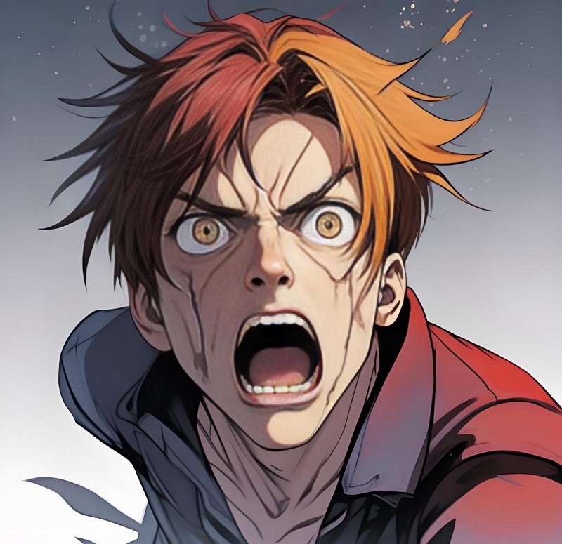 Chàng trai anime mặt hoảng như bị spoil phim chưa xem.