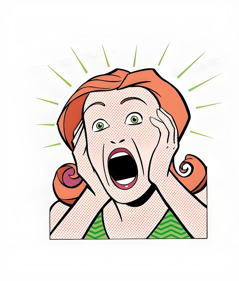 hân vật hoạt hình ôm ngực hét toáng lên, kiểu “sợ quá trời luôn”.