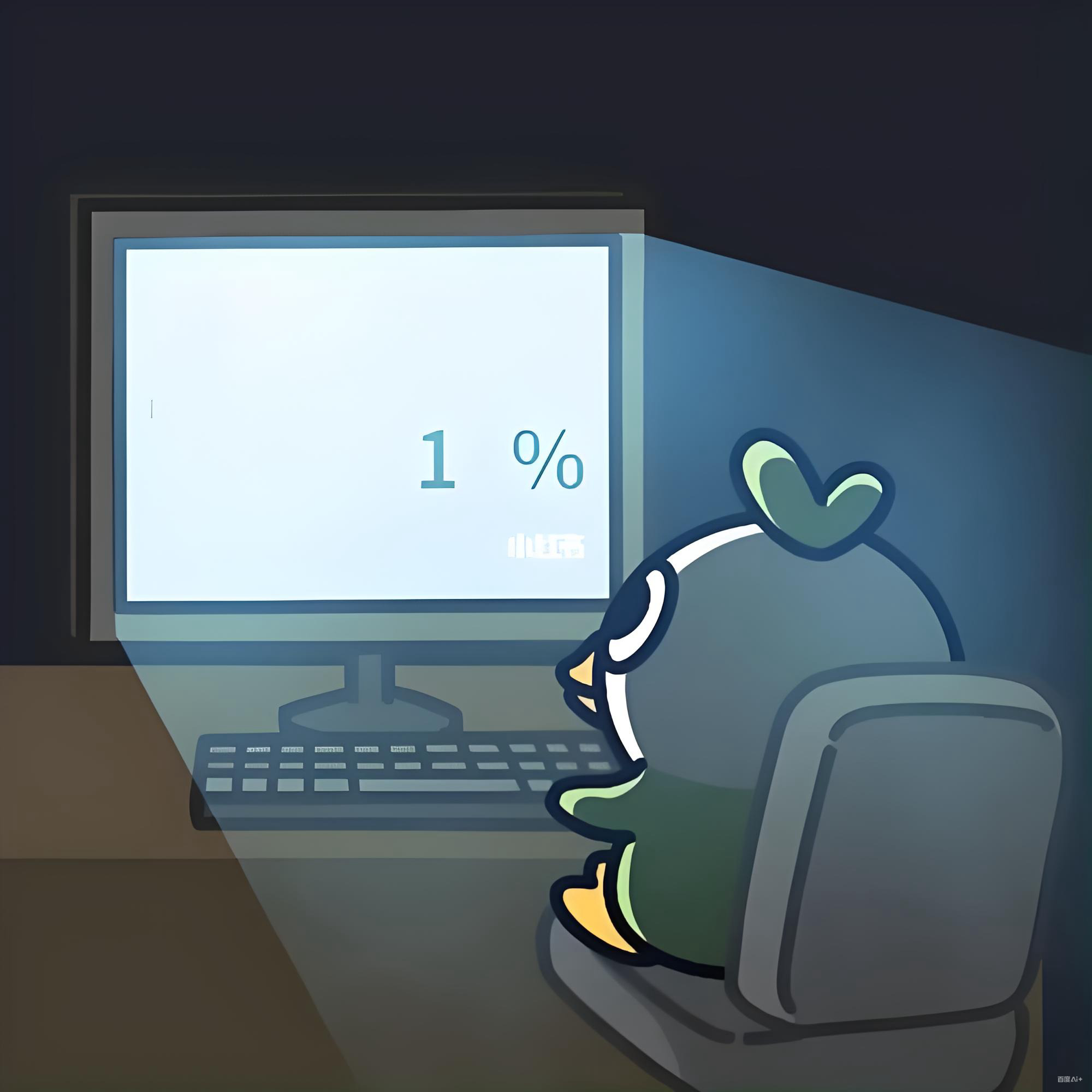 Nhân vật ngồi trước màn hình máy tính đang loading 1%, mặt bất lực chờ đợi.