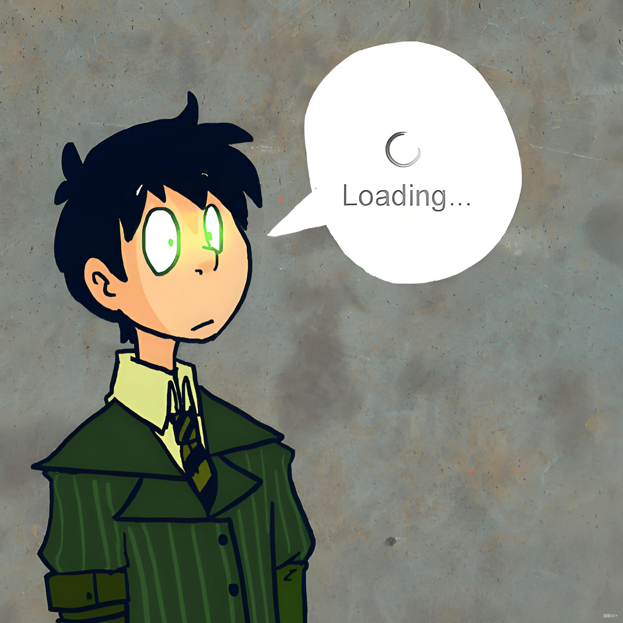 Nhân vật anime tóc xanh đứng chờ loading với mặt bất lực.