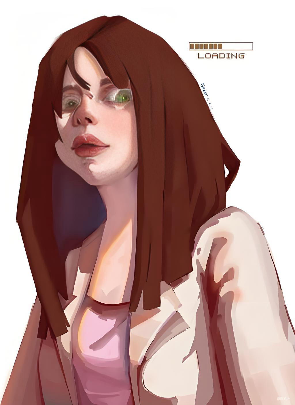 Cô gái tóc dài nhìn xa xăm trong giao diện đang tải dữ liệu.