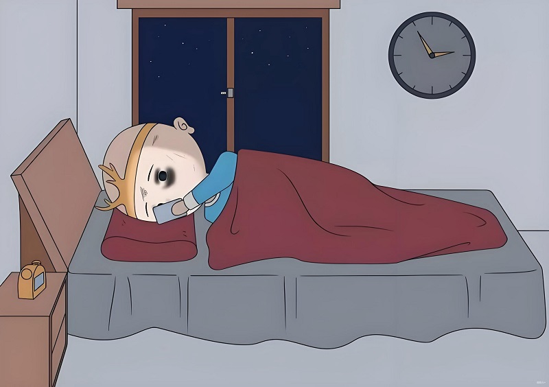 Nhân vật nhìn điện thoại đến mỏi mắt rồi mất ngủ luôn.