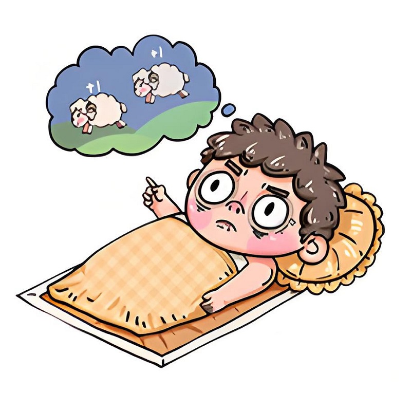 Nhân vật nhỏ ôm chăn sợ hãi vì không ngủ được giữa đêm.
