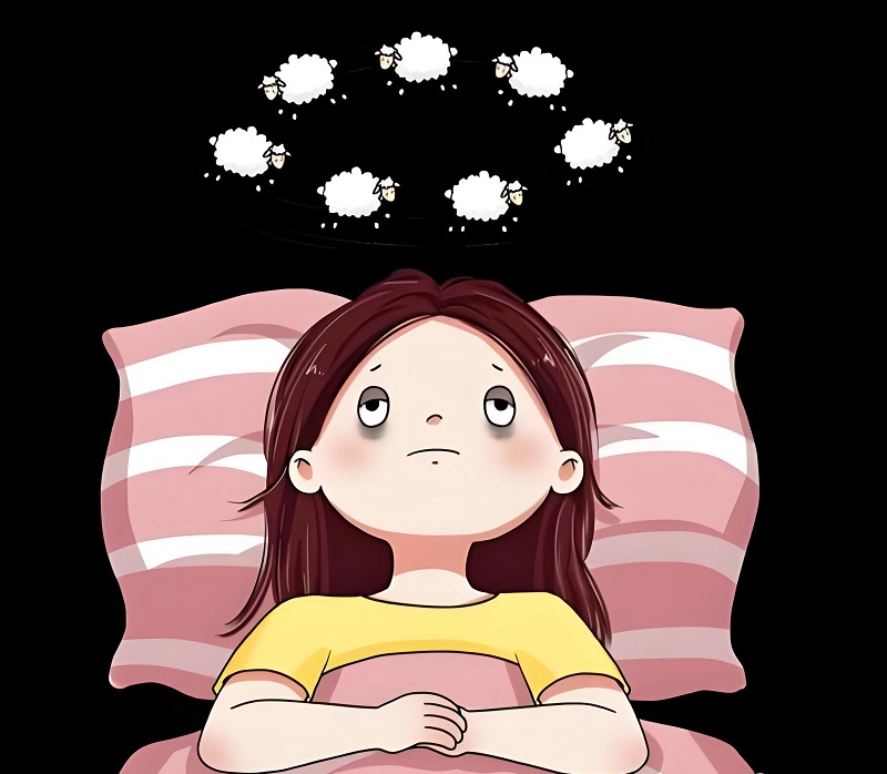 Nhân vật nằm giường mắt mở thao láo, mệt mỏi vì mất ngủ.