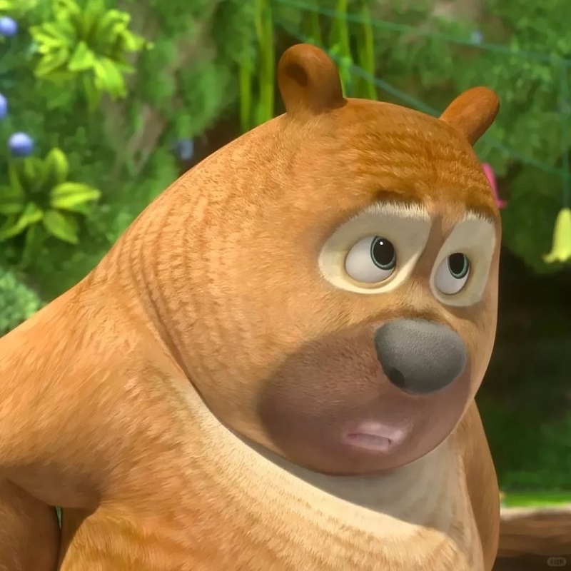 Nhân vật gấu béo nhìn ngơ ngác nghi ngờ điều gì đó.