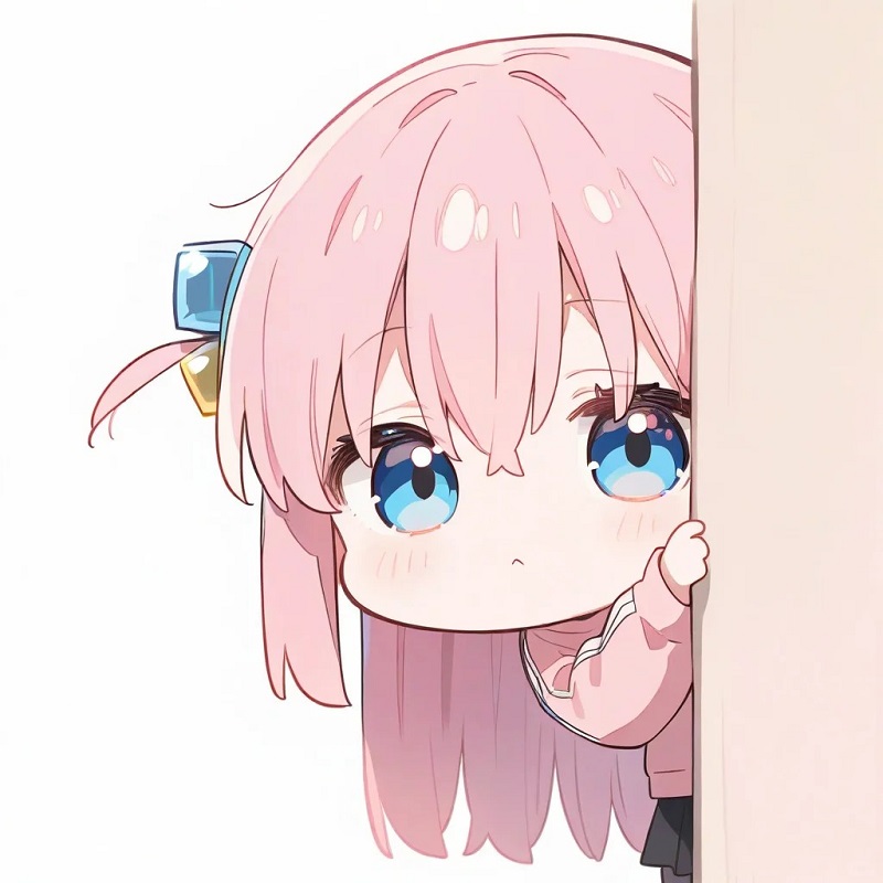 Cô gái anime mặt đỏ, ánh mắt hoài nghi đầy bối rối.