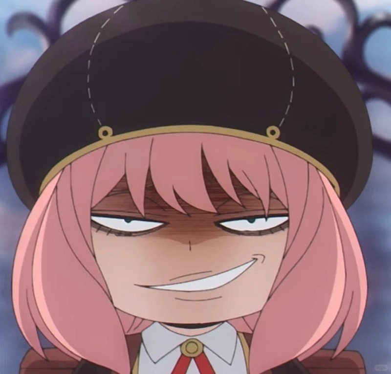 Cô bé anime đội mũ cúi đầu nhìn lên với đôi mắt nghi hoặc.