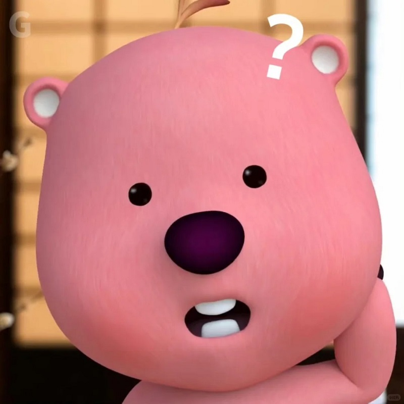 Nhân vật hồng tròn trịa nghiêng đầu ngơ ngác không hiểu chuyện gì.