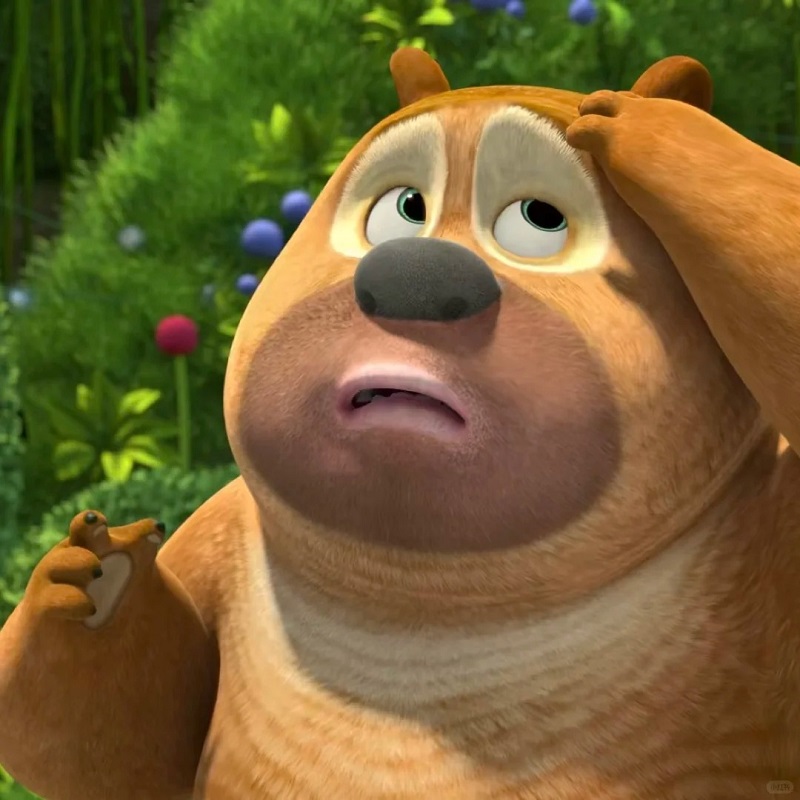 Nhân vật hoạt hình gấu nâu nhướng mày nghi hoặc.