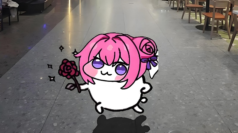 Nhân vật hoạt hình đội mũ tím cầm hoa, vibe “tặng cho bé nè”.