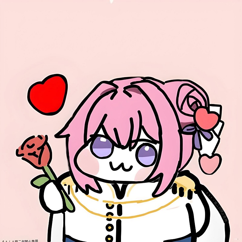 Nhân vật tóc hồng tặng hoa, vibe anime lầy dễ thương.