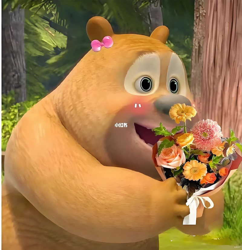 Gấu vàng giơ hoa tặng kiểu “cho em bông này, còn tim anh để sau”.