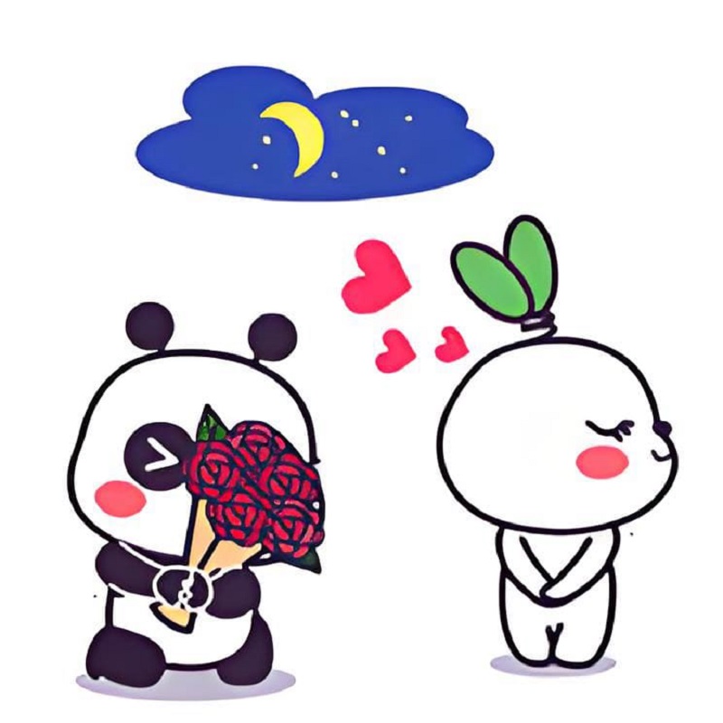 Cặp đôi hoạt hình đội nón xanh tím, trao hoa cho nhau ngọt như phim hoạt hình.