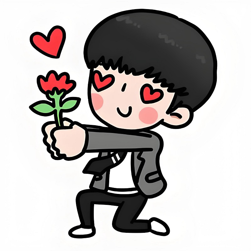 Nhân vật meme cầm hoa và tim, thần thái “chốt đơn cảm xúc”.