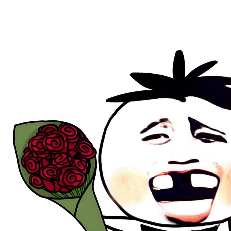 Biểu cảm meme đang cầm hoa, kiểu “tặng mà sợ bị từ chối”.