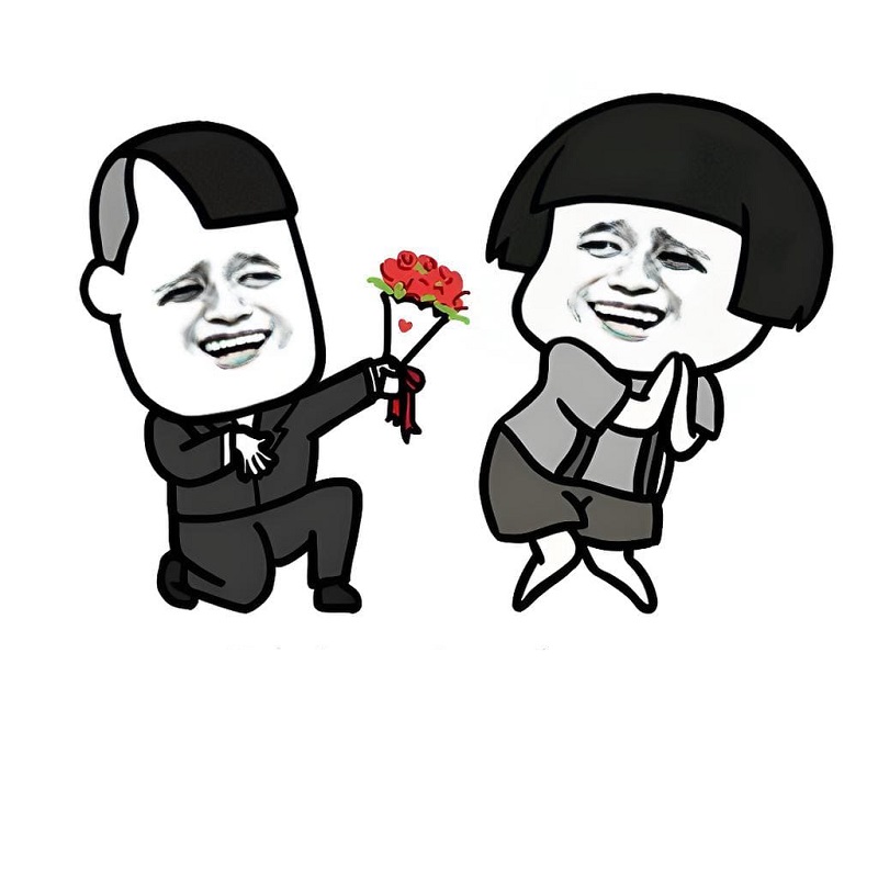 Cặp đôi mặc vest cầm hoa, biểu cảm nghiêm mà buồn cười.