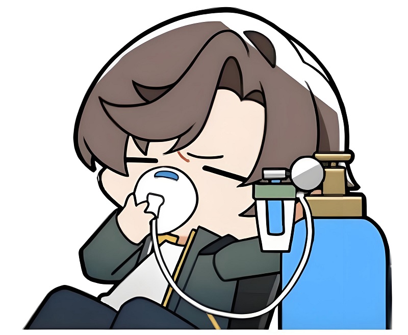 Nhân vật tóc nâu cắm ống oxy, nét mặt chán đời tột độ.