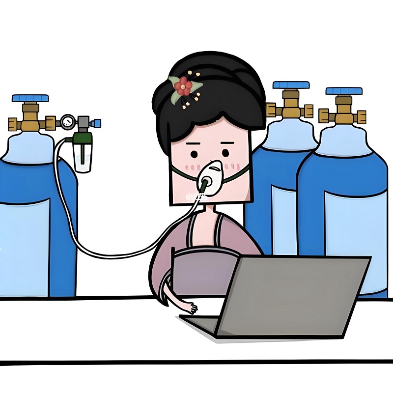 Nhân vật công sở đeo bình oxy, biểu cảm kiểu “deadline tới nơi rồi”.