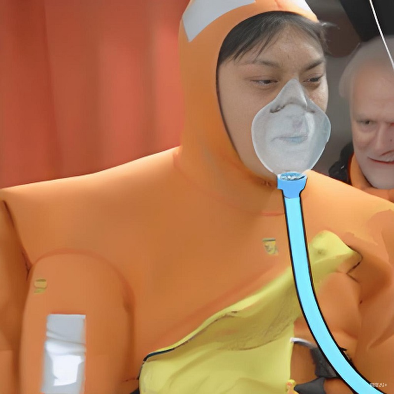 Nhân viên mặc áo cam thở oxy, biểu cảm “chịu không nổi nữa đâu”.