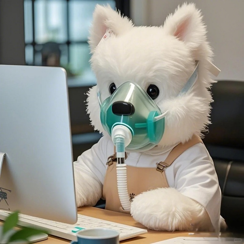 Mèo lông xù cắm oxy, vibe “để tôi hồi sức rồi cười tiếp”.