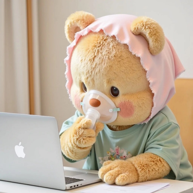 Gấu bông đội mũ cắm oxy, nhìn đáng yêu mà tội nghiệp.