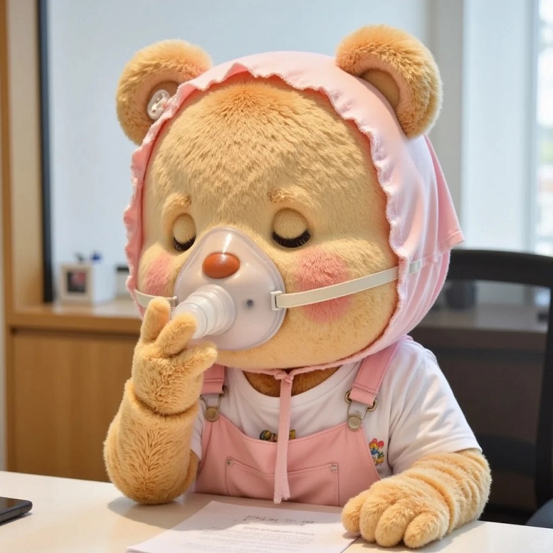 Gấu nâu mặc đồ hồng thở oxy, vibe “tôi mệt nhưng tôi vẫn cute”.