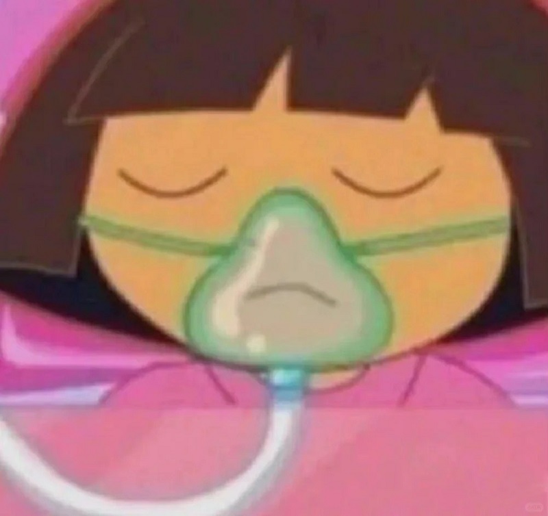 Nhân vật hoạt hình đeo mặt nạ oxy, nằm yên kiểu “thôi cho tôi nghỉ vài giây”.