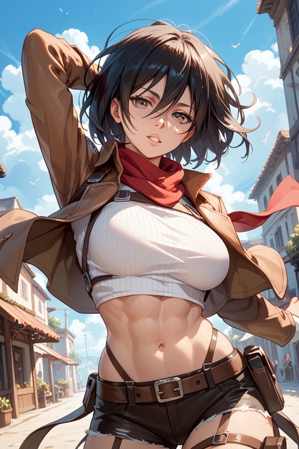 Mikasa nhìn sang trái với ánh mắt mạnh mẽ