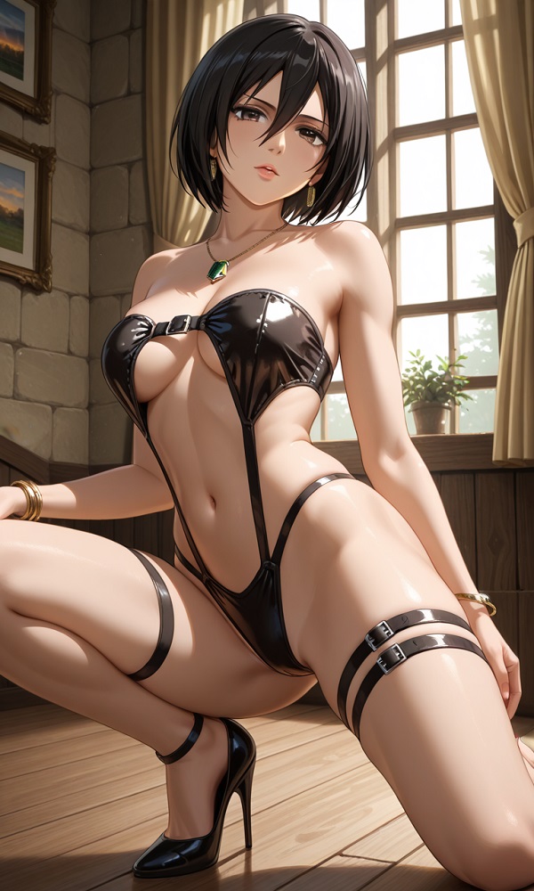 Mikasa đứng giữa bầu trời u ám mạnh mẽ