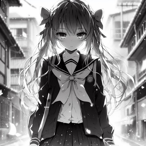 Cô gái anime đen trắng đứng trong ánh sáng mờ, gương mặt buồn.