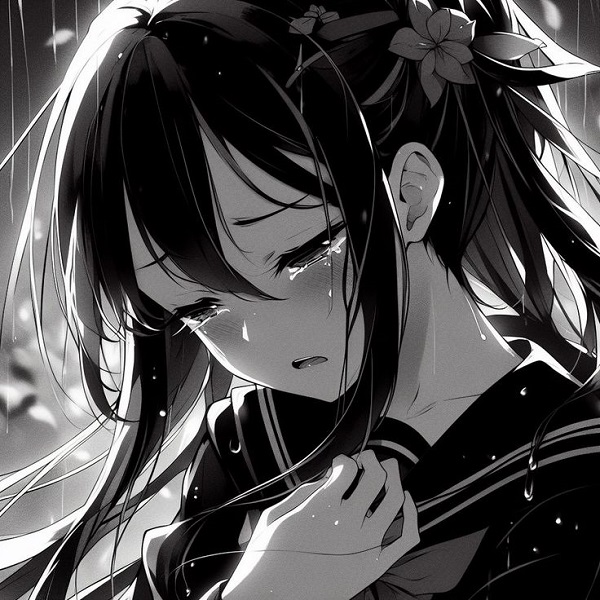 Sad girl anime tóc dài đen trắng với ánh nhìn thất vọng.