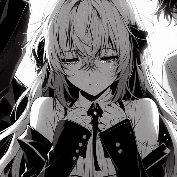 Cô gái anime đen trắng mặc áo lính, biểu cảm trống rỗng.