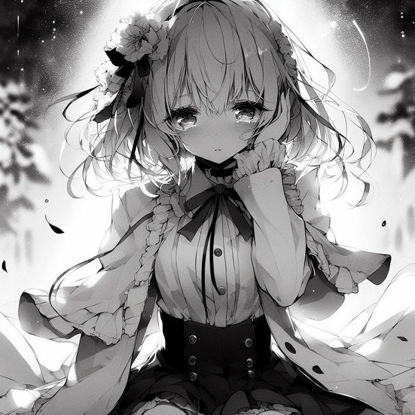 Sad girl anime mái tóc trắng xoã, tay ôm đầu đầy suy tư.