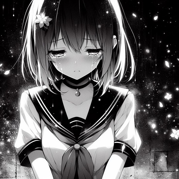 Cô gái anime ánh sáng lấp lánh xung quanh nhưng gương mặt buồn bã.