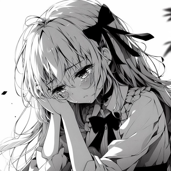 Sad girl anime tóc trắng cột hai bên, nước mắt rơi nhẹ.